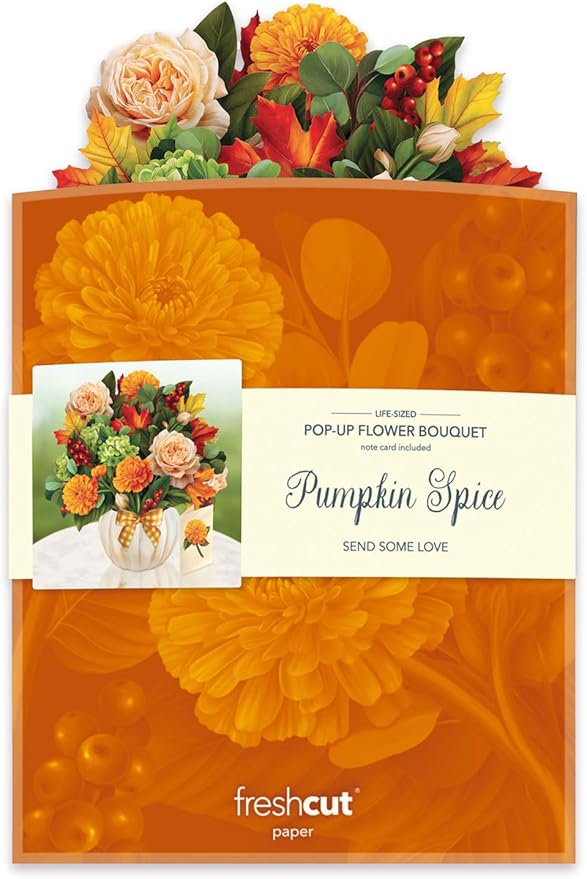 Freshcut Paper Pop Up Cards, Pumpkin Spice, 12 Inch Life Sized Forever Flower Bouquet 3D Popup Greeting Card, Autumn Cards, Birthday Card, Blank Notecard & Envelope