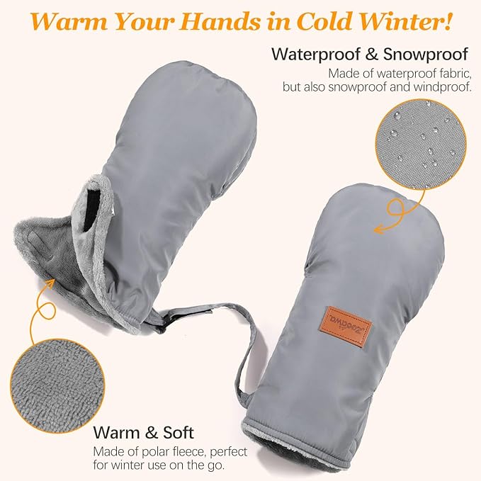 Zooawa Stroller Gloves, Universal Stroller Hand Muff with Warm Polar Fleece, Baby Stroller Gloves with Vel-cro Design, Waterproof and Snowproof Stroller Mittens for Stroller Accessories, Gray