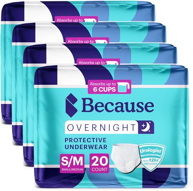 Because Overnight Absorbency Pull Ups - Adult Disposable Incontinence Underwear, Extra Absorbent Nighttime Briefs for Men and Women, White, Small/Medium, 80 Count (4 Packs of 20)