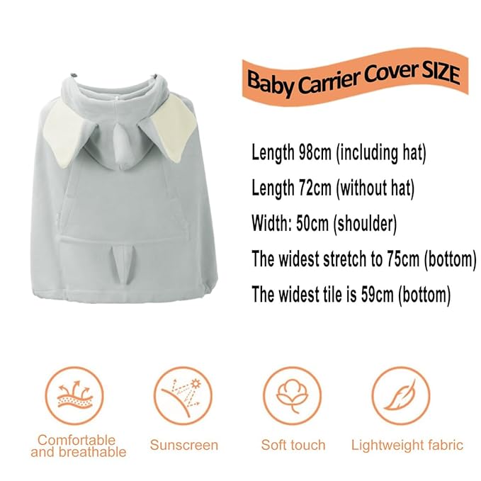 Baby Carrier Cover Stroller Cover -Newborn Hooded Stretchy Cloak Reversible,Cloak Kangaroo Hoodie Baby, Suit for All Seasons-Gray