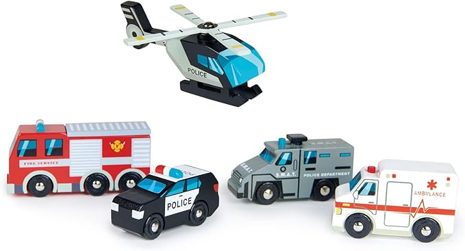 Tender Leaf Toys - Emergency Vehicles - 5 Wooden Rescue Vehicles with Moving Parts for Toddler Boys and Girls - Great Gift for Car Lovers - Educational Pretend Play Vehicles - Age 3+