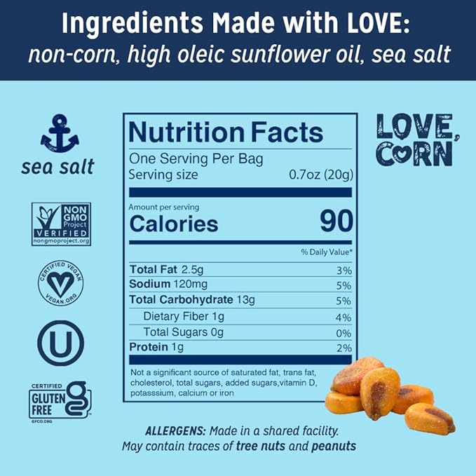 LOVE CORN Sea Salt 0.7oz x 20 Bags - Delicious Crunchy Corn - Healthy Family Snacks - Gluten Free, Kosher, NON-GMO - Alternative for Chips, Nuts, Crackers & Pretzels - Perfect for Charcuterie Boards