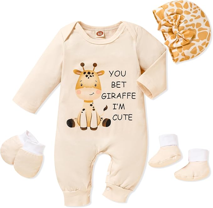 Sinhoon Newborn Baby Girl Romper Infant Letter Print Bodysuit Jumpsuit+Hat+Gloves+Socks 4Pcs Coming Home Clothes Outfit