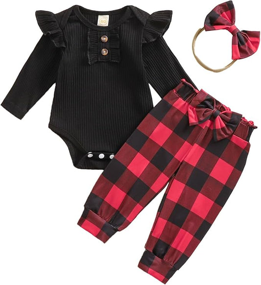 Baby Girls Clothes Ribbed Romper Bodysuit Pants Headband Set Fall Winter Outfits