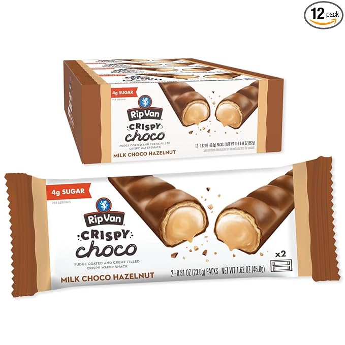 Rip Van Crispy Choco - Chocolate Coated Hazelnut Wafer Bars - Low Sugar Fudge and Hazelnut Cream Filled Snack - 12 Pack