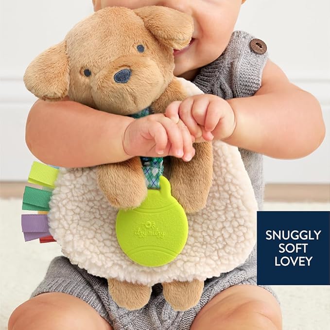 Itzy Ritzy - Itzy Lovey Including Teether - Baby Lovey with Teether, Textured Ribbons & Dangle Arms - Features Crinkle Sound, Sherpa Fabric and Minky Plush (Puppy)