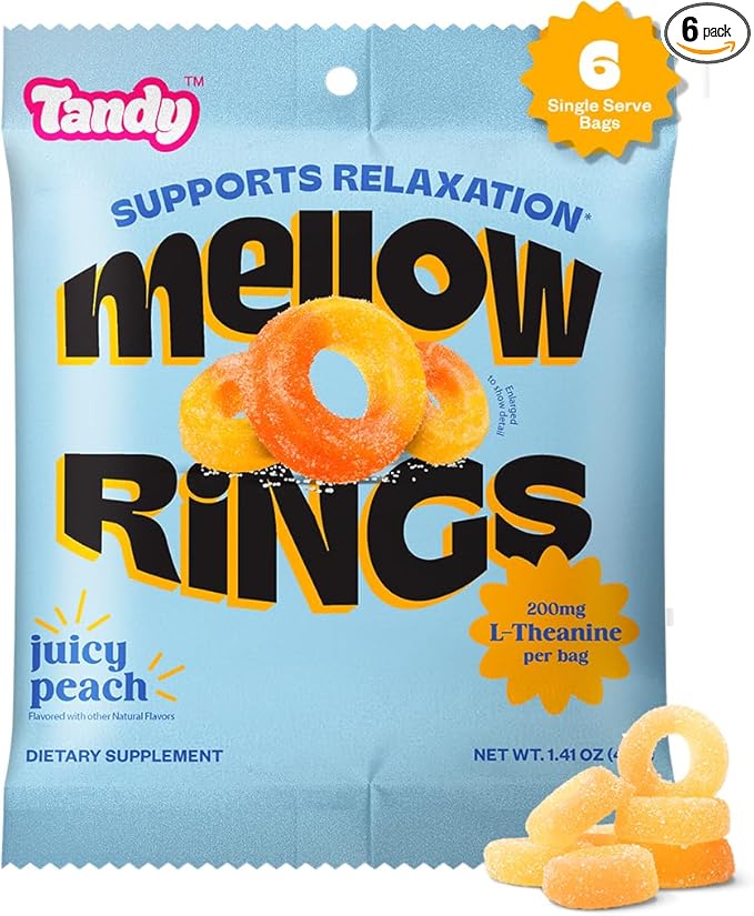 Tandy Mellow Rings L-Theanine Gummies I Relaxation Gummy with Juicy Peach Flavor I Calming Gummies for Adults I Gluten-Free Fast-Acting Dietary Supplement Gummy I 6-Pack
