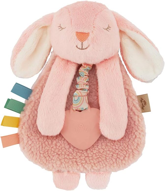 Itzy Ritzy - Itzy Lovey Including Teether - Baby Lovey with Teether, Textured Ribbons & Dangle Arms - Features Crinkle Sound, Sherpa Fabric and Minky Plush (Pink Bunny)