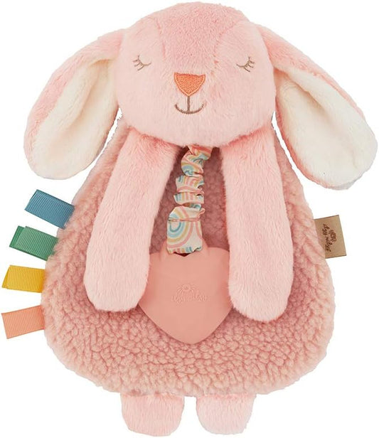 Itzy Ritzy - Itzy Lovey Including Teether - Baby Lovey with Teether, Textured Ribbons & Dangle Arms - Features Crinkle Sound, Sherpa Fabric and Minky Plush (Pink Bunny)