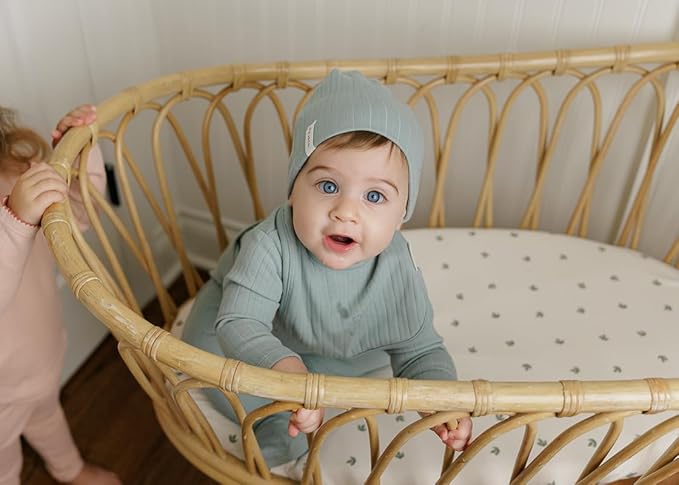 Ely’s & Co. Bassinet Sheets, Baby Boy/Girl Fitted Bassinet Mattress Sheet Set - 2 Pack, 100% Jersey Knit Cotton, fits Oval, Hourglass and Rectangle Mattress, Sage Vintage Leaf Collection, 32”x16”x3”