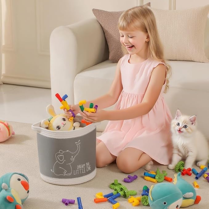 Toy Basket for Baby Laundry Hamper Blanket Baskets Cute Elephant Nursery Hampers Toy Storage Basket, Woven Cotton Rope Nursery Organization Bins For Girls Boys Kids Baby Shower Gifts Baskets