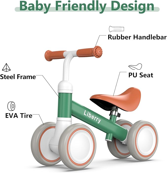 Liberry Baby Balance Bike for 1 Year Old Boys, 4 Wheels Toddler Balance Bike with Adjustable Seat, 12-24 Months Infant's First Birthday Gift (Green)