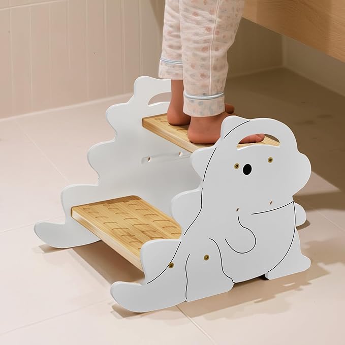 COSYLAND Height Adjustable Kids Step Stools - Supports Up to 220 LBS Wooden Step Stool for Toddlers, Portable Stepping Stools with Handle for Kitchen, Bathroom (Natural & White)