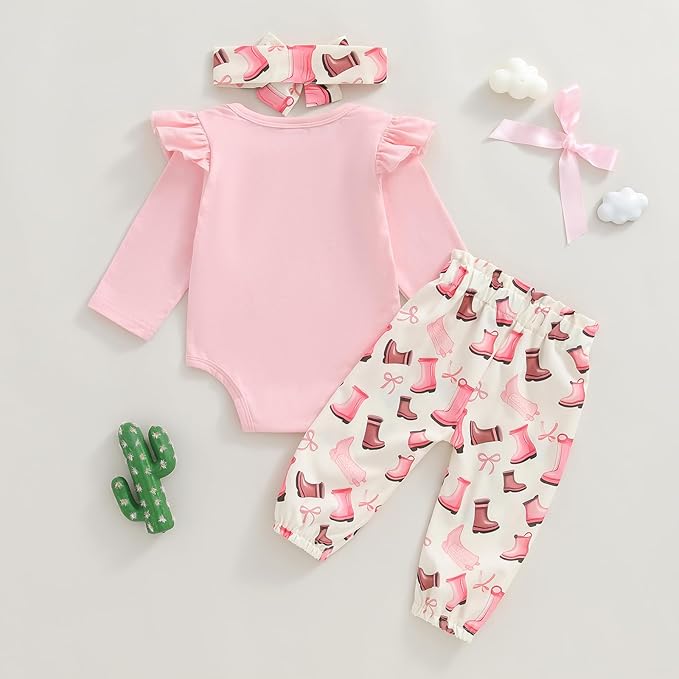 Fernvia Western Newborn Baby Girl Clothes Long Sleeve Letter Print Romper Animal Print Pants Headband 3Pcs Outfits Sets