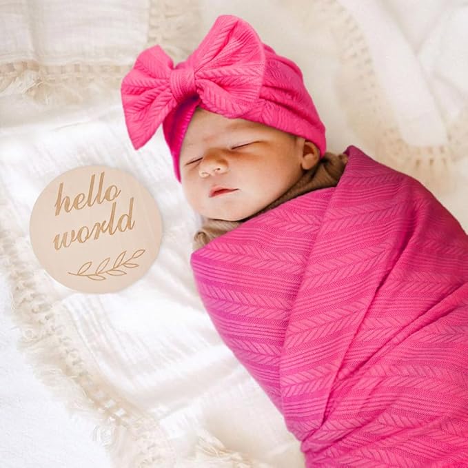 Newborn Receiving Blanket with Bow Hat Headband Wooden Card Set Wheat-Pattern Newborns Toddler Baby Boy Girl Nursery Swaddle Wrap