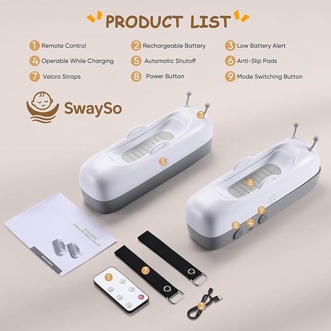 Intelligent Rocker Accessory for Baby Stroller - Automatic Soother for Peaceful Sleep - Type-C Rechargeable Cradle Roller with Adjustable Speed, Remote and Timer- Smart Rocker & Bouncer-SwaySo