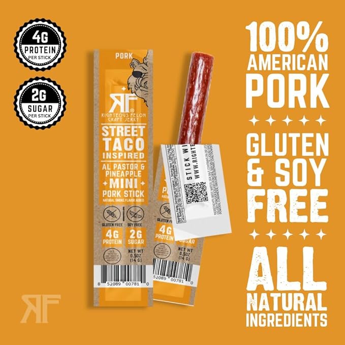 Righteous Felon Meat Sticks Minis | 100% Pork Sticks | Gluten Free Meat Sticks | Low Sugar & High Protein Pork Sticks | Healthy Snacks for Kids & Adults | Jerky Gifts for Men | Street Taco, 24 Ct