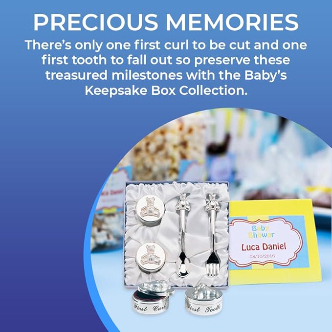 Baby’s First Curl and First Tooth Keepsake Box Collection | Adorable Teddy Bear Designs | Charming Gift | Satin-Lined White Gift Box | 6” Square
