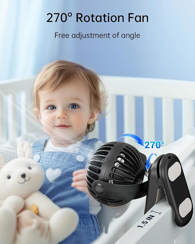 SWEETFULL Stroller Fan with Clip - Portable Mini Clip on Fan, 3 Speeds, 11Hrs Cooling, Cute Small Personal Desk Cooler for Baby Essentials, Bike Accessories, Car Seat, Umbrella, Carrier - Black