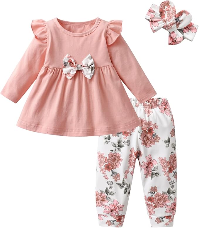 3PCS Baby Girl Clothes Ruffle Floral Shirt Tops Pants Headband Outfit Sets