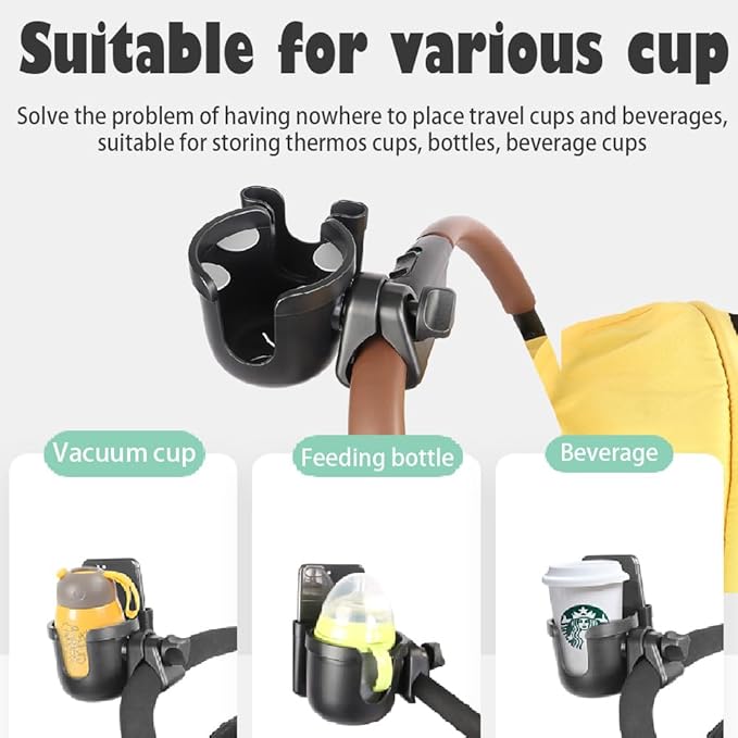 Stroller Cup Holder with Phone Holder, 2-in-1 Universal Cup Holder with Phone Mount for Walker, Wheelchair, Stroller, Cup Holder Attachment Fits Most Donna, Uppababy, Bugaboo