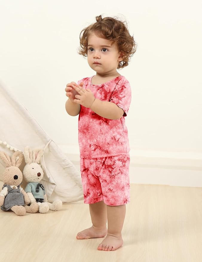 Jimonda Kids Soft Rayon From Bamboo Sleepwear Short Sleeve Boys Girls Pajama Outdoor 4-Piece tops&shorts Casual sets Tie PJ