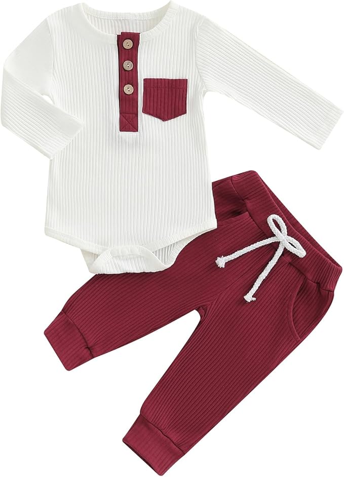 fhutpw Baby Boy Clothes 3 6 12 18 Months Ribbed Knitted Long Sleeve Romper and Pants Sets Newborn Fall Splicing Color Outfits