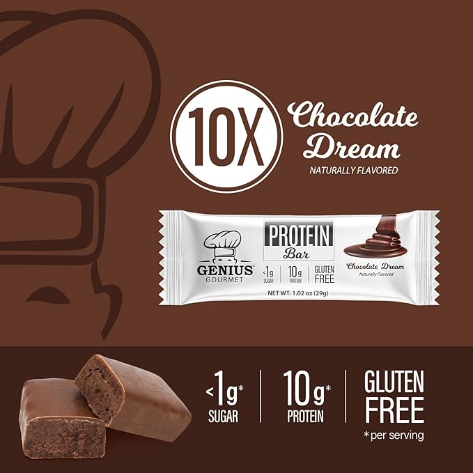 Genius Gourmet Protein Bar, Chocolate Dream, Keto Snack, Low Carb, Low Sugar & Gluten Free, Protein Snacks for Adults, 10G of Whey Protein per Protein Bar, 5 Net Carbs. 10 Count