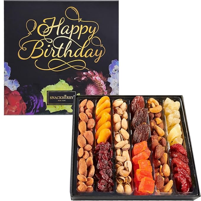 Happy Birthday Dried Fruit & Nuts Gift Basket Arrangement Platter, Gourmet Food Snack Box, Birthday Care Package, Healthy Kosher, Her Him (9 Assortments)