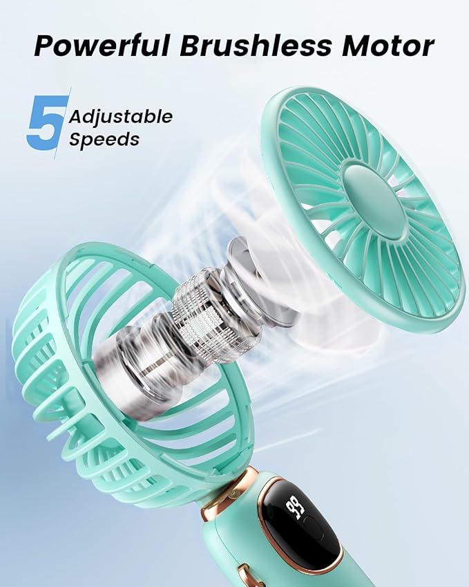 Portable Handheld Fan, 4000mAh Battery Operated Fan with LED Display, Handheld/Neck/Desk 3 in 1 Personal Small Fans, 90° Foldable Desk Fan with Base, 5 Speed Makeup Lash Fan for Women Green
