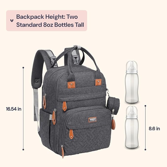 BabbleRoo Diaper Bag Backpack - Baby Essentials Travel Tote - Multi Function Water Resistant Diaper Bag, Travel Essentials Baby Bag with Changing Pad, Stroller Straps & Pacifier Case - Dark Gray