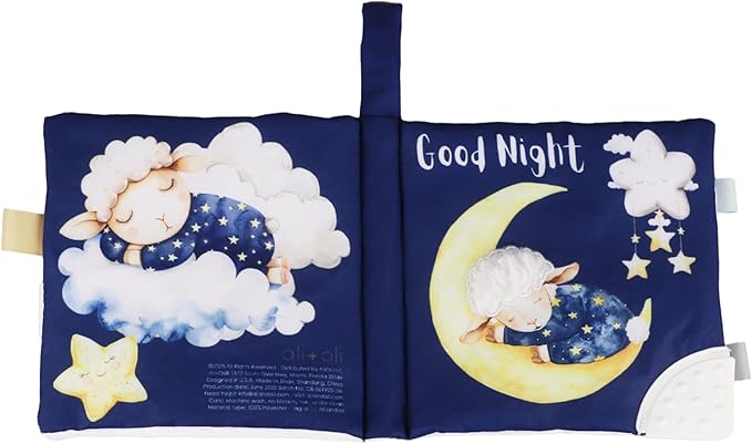 Ali+Oli Baby Cloth Book – Soft Sensory Crinkle Book with Teether for Infants 0-12 Months – Early Learning Touch & Feel Tummy Time Toy – Newborn Shower Gift for Boys & Girls - Good Night