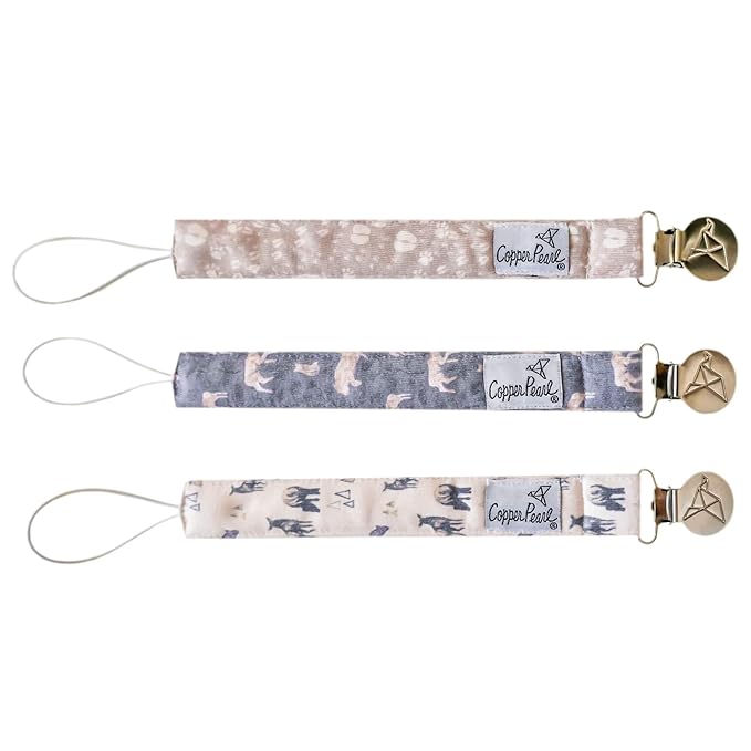 Copper Pearl Pacifier Clip 3-Pack: Premium Knit Binky Clips for Baby Girls and Boys - Stylish Stainless Steel Pacifier Holder Clip - Baby Pacifier Clips for No More Floor Drops - Timber
