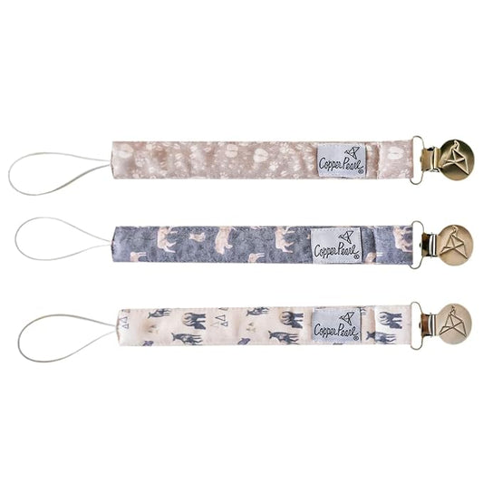 Copper Pearl Pacifier Clip 3-Pack: Premium Knit Binky Clips for Baby Girls and Boys - Stylish Stainless Steel Pacifier Holder Clip - Baby Pacifier Clips for No More Floor Drops - Timber