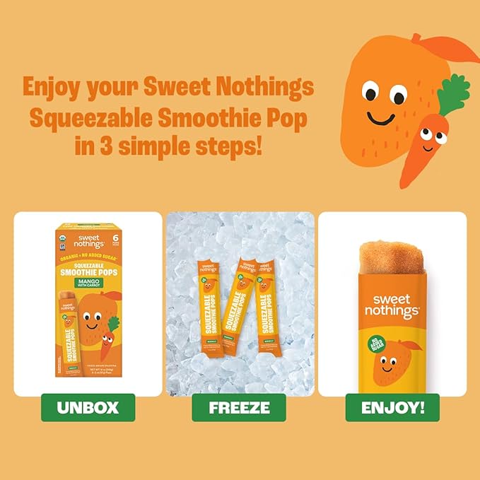 Sweet Nothings, Mango, USDA Organic Kids' Squeezable Fruit Smoothie Popsicle Pops, Value Pack of 24 - Dye-Free, No Added Sugar, Dairy-Free, Vegan, Organic Fruit and Veggie Pops, Freeze & Enjoy
