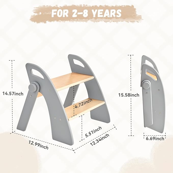 Wooden 2 Step Stool for Kids Bathroom Sink Foldable Anti-Slip 2-Step for Toilet Potty Training, Child Stepping Stool for Kitchen Nursery Bedroom, Sturdy Non Slip Adult Stool for Closet Grey