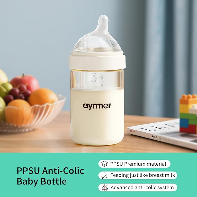 PPSU Natural Baby Bottle for Newborn Breastfeeding Babies, Breast-Like, Anti-Colic, Extra Slow Flow Nipples (SS), 0 Months+, 4 oz, 2 Pack
