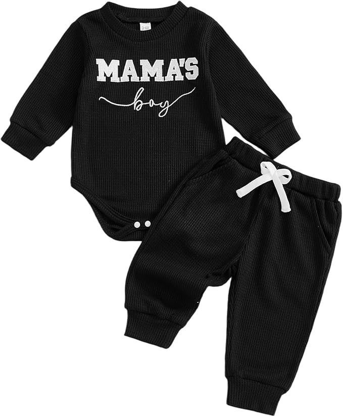 Kupretty Baby Boy Clothes 3 6 12 18 Months Fall Winter Outfit Mama's Boy Embroidery Waffle Long Sleeve Romper Pants Set