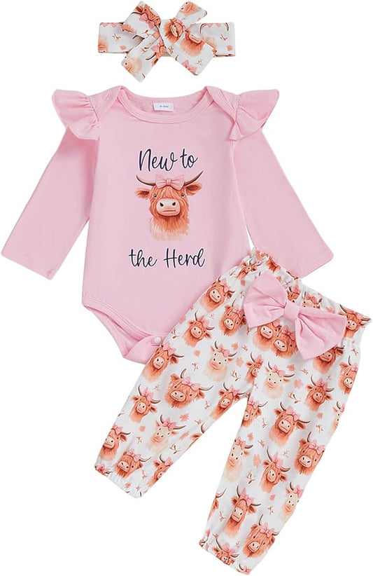 Fernvia Western Newborn Baby Girl Clothes Long Sleeve Letter Print Romper Animal Print Pants Headband 3Pcs Outfits Sets
