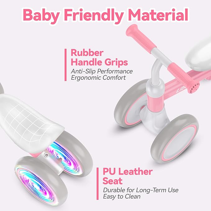 Liberry Light Up Baby Balance Bike 1 2 Years, Ride Toys with Adustable Seat for Girls, First Birthday Gift for Toddlers, Pink
