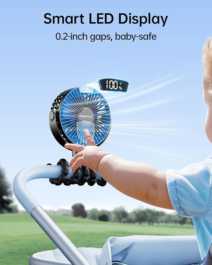 SWEETFULL Portable Stroller Fan with Display 4000mAh Battery Powered Mini Clip On Fan, 4-Speed Rechargeable Small Personal Cooling for Baby Car Seat Crib Travel - Black
