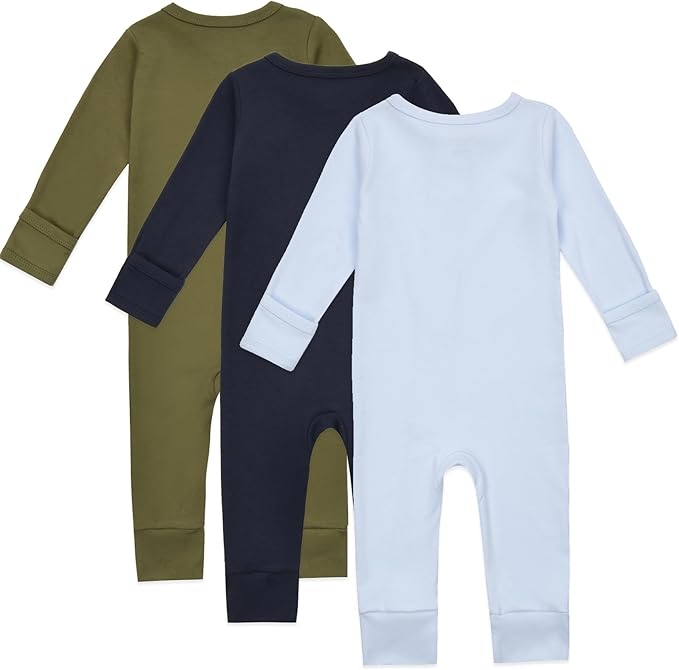 Aablexema Baby Cotton Fooltess Pajamas with Mitten, 3-pack Infant Romper Zip Up One Piece Jumpsuits Outfit