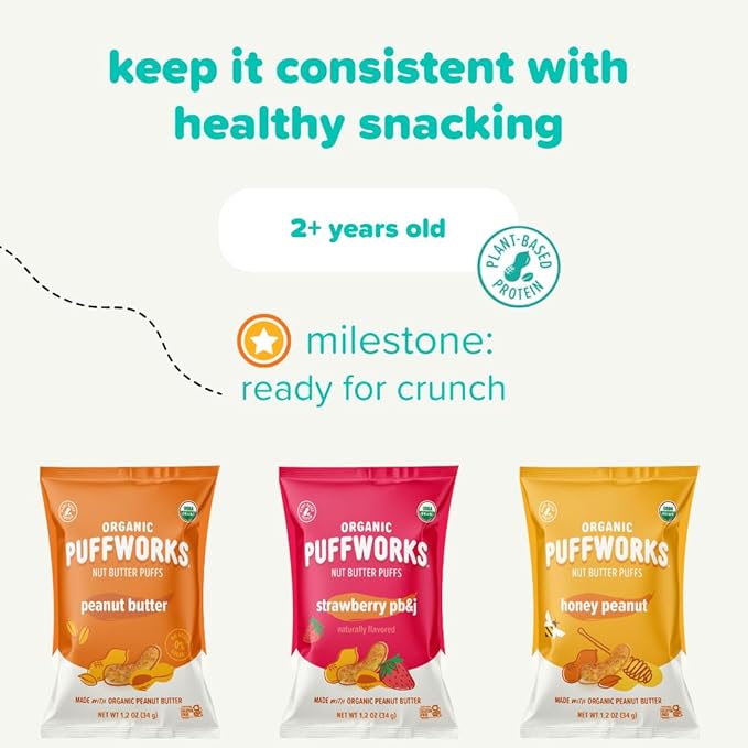 Puffworks Baby Organic Almond Butter Puffs, with Peanut Butter, Plant Protein, USDA Organic, Gluten-Free, Vegan, Non-GMO, Kosher, 1.0 Ounce (Pack of 6)