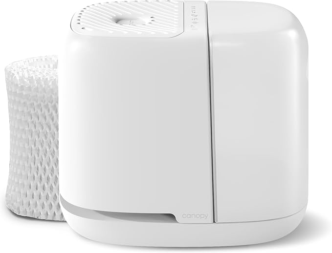 Canopy Bedside Humidifier 2.0, White, 36 HR Run Time, 2.5L Capacity - Reading Light & White Noise - Alleviate Symptoms of Allergies, Flu, Cold, Dry Skin - Humidifier, Filter, Power Cord & Adapter