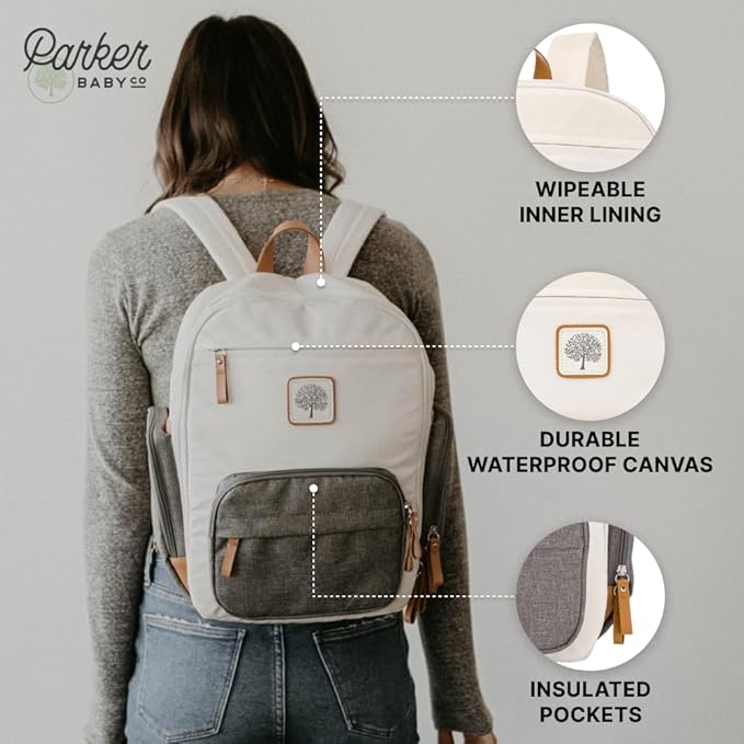 Parker Baby Diaper Backpack - Full Zip Diaper Bag with Insulated Pockets - Cream