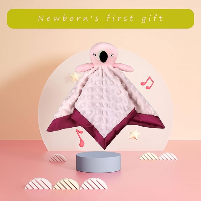 Baby Pink Flamingo Soft Stuffed Animal Security Blanket, Plush Flamingo Character Lovey Blanket, Baby Shower/Nursery Gift, Newborn Infant Toddler Snuggle Blankie for Boys Girls, 13 Inches