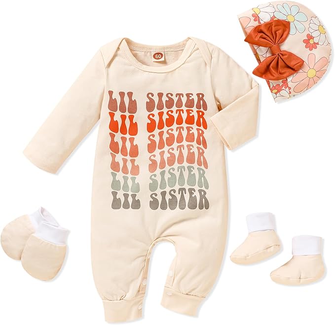 Sinhoon Newborn Baby Girl Romper Infant Letter Print Bodysuit Jumpsuit+Hat+Gloves+Socks 4Pcs Coming Home Clothes Outfit