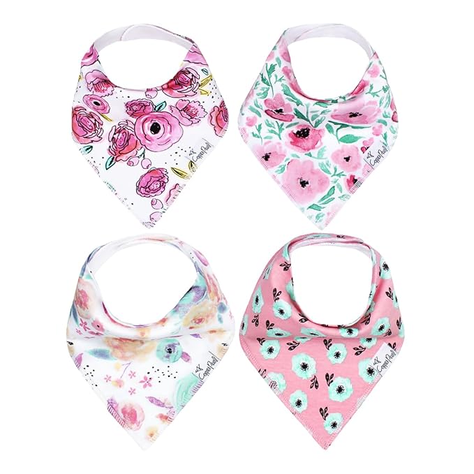 Copper Pearl 4 Pack Soft Cotton Baby Bibs for Drooling and Teething, Absorbent Drool Bibs for Baby Girl and Boy, Adjustable to Fit Newborns to Toddlers, Tons of Styles (Bloom)
