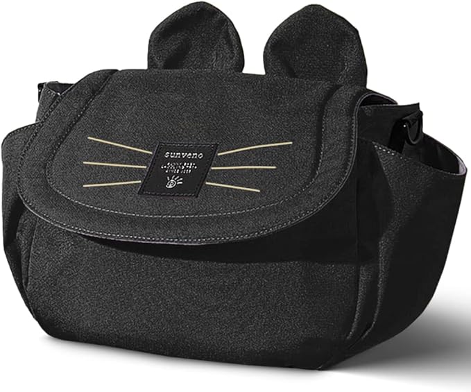 SUNVENO Kitty Stroller Organizer Bag – Universal Baby Stroller Caddy with 2 Cup Holders, Adjustable Straps, Waterproof Oxford, Lightweight Travel Accessory for Strollers, Prams & Pushchairs,Black