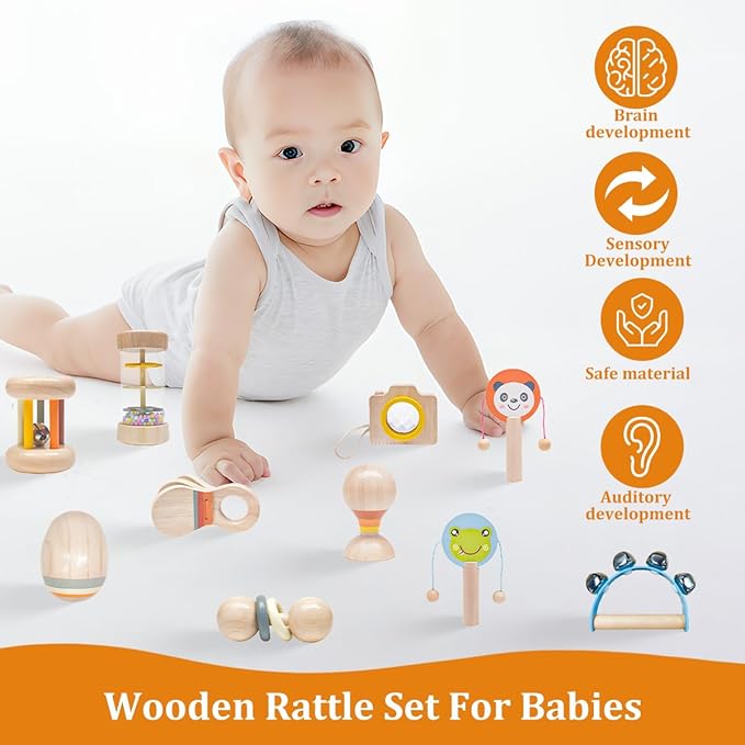 10 PCS Wooden Baby Toys Set-Organic Infant Rattles Newborns 0-6 Month & Montessori-Inspired Musical Instruments for 0-12 Month - Natural Toddler Developmental Toys